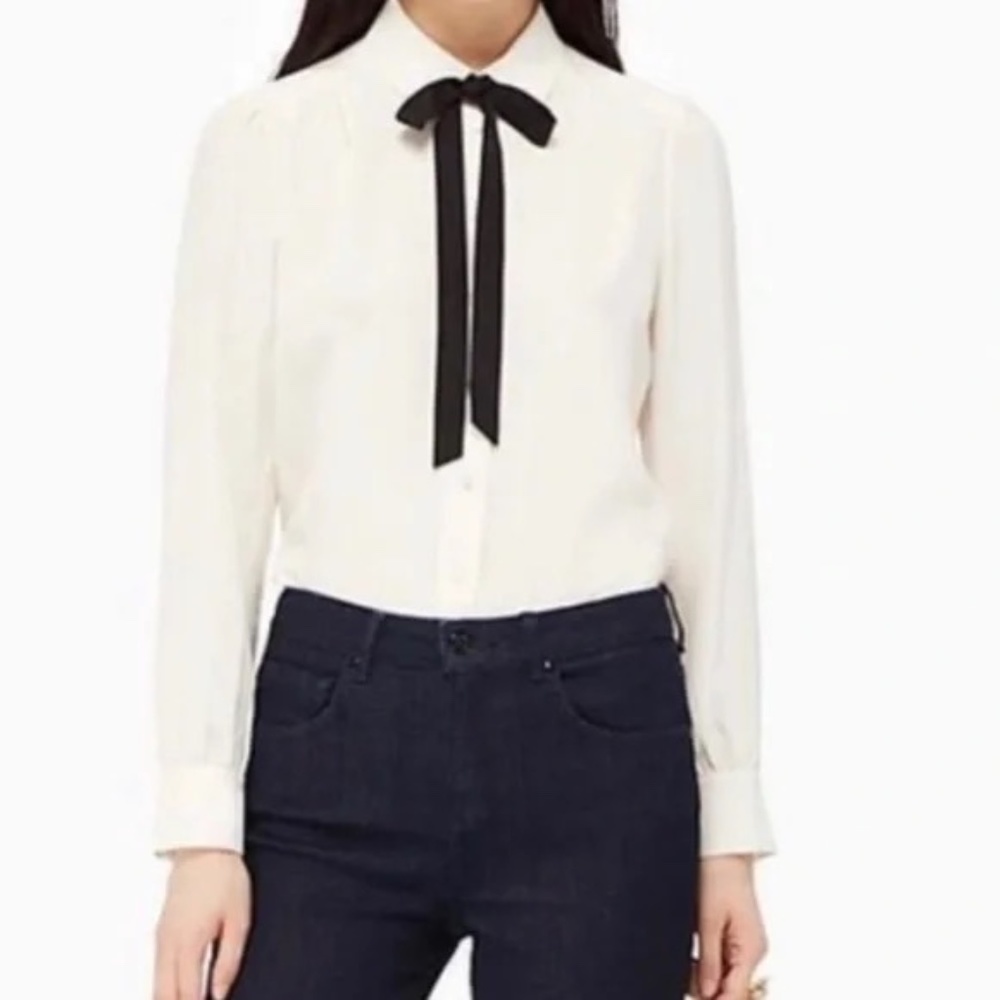 Kate Spade | Cream Black Neck Tie Button Down Silk Blouse Size Large